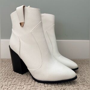 PrettyLittleThing White Textured Ankle Boots with Black Block Heel